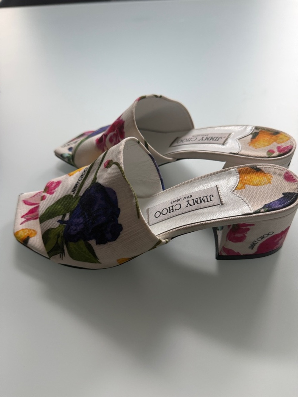 Jimmy Choo Floral Canvas Open-Toe Mules - White with Pink, Purple, Yellow, Green - Picture 4 of 6